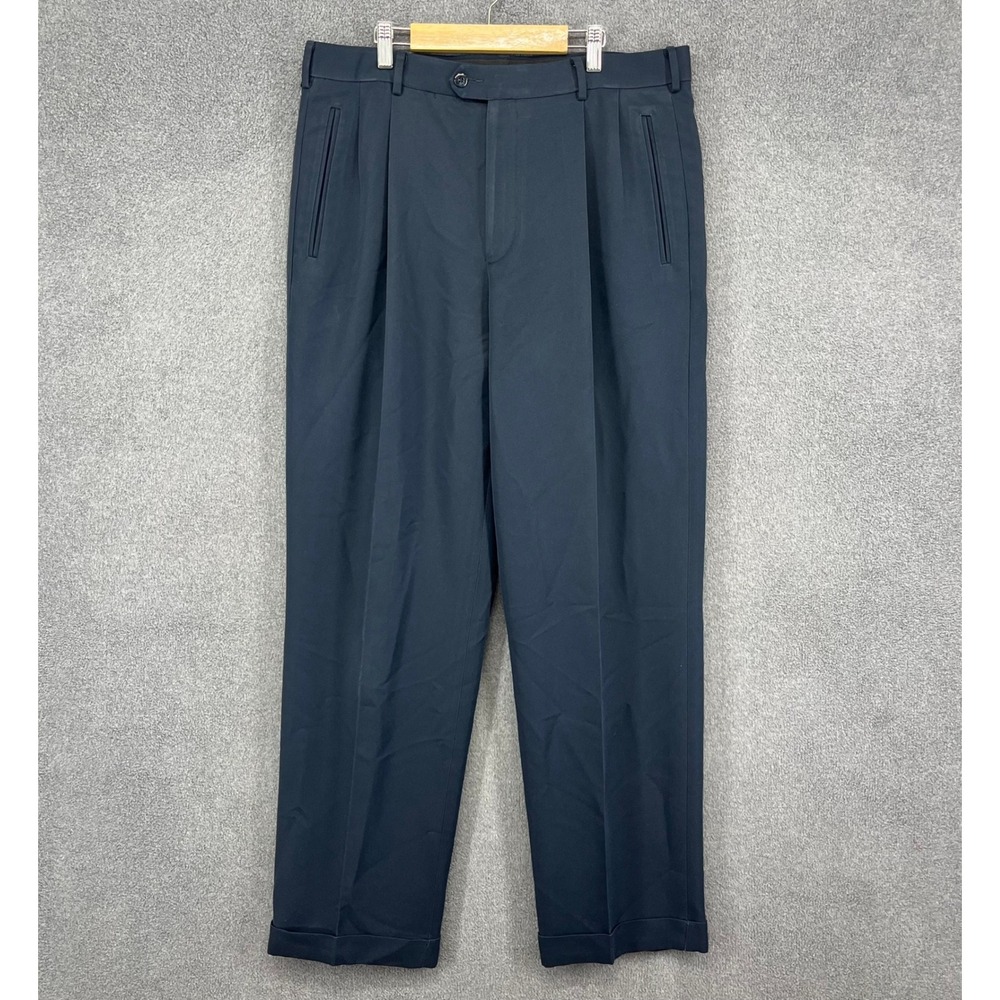 Dockers Premium Men Dark Navy Pleated Relaxed Fit Microfiber Dress Pants W34 L32